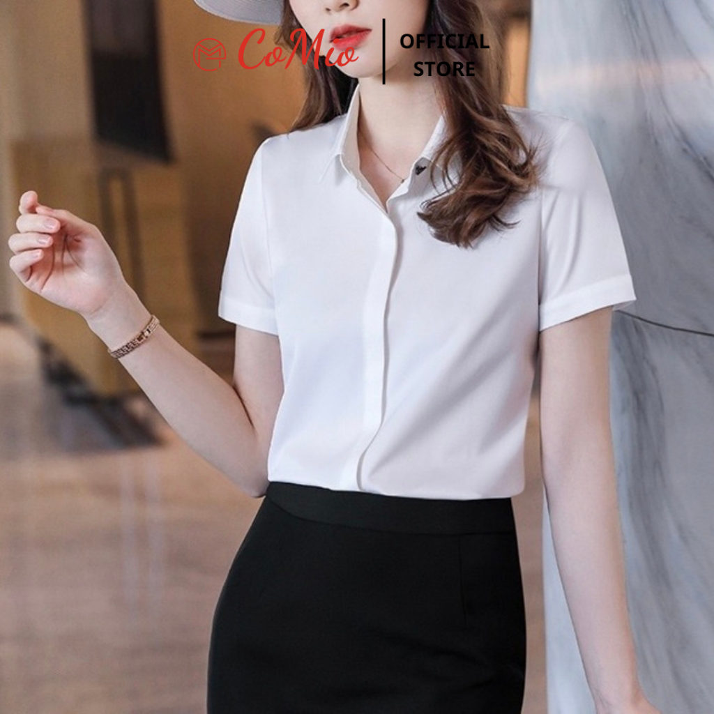 Áo sơ mi trắng nữ tay ngắn CoMio công sở chất vải cotton thoáng mát thấm hút mồ hôi không nhăn kiểu dáng hàn quốc