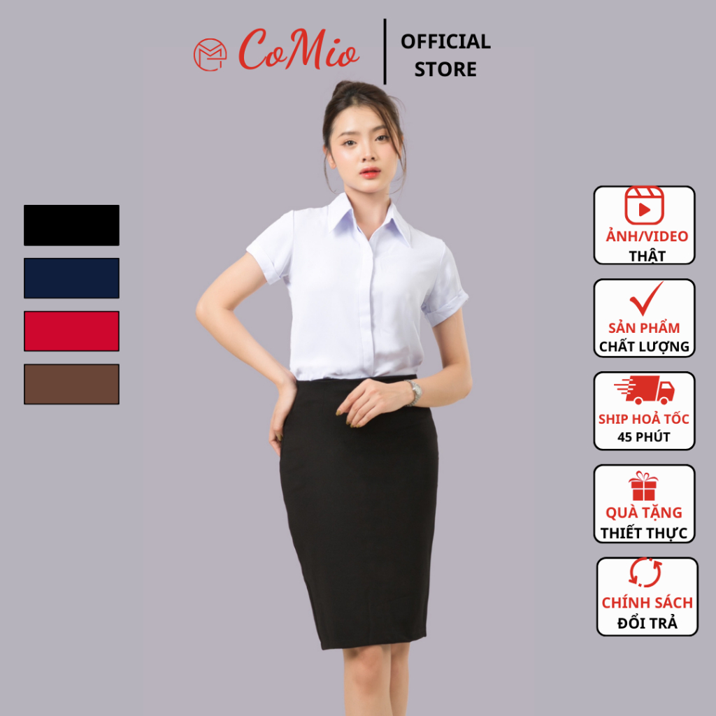Chân váy bút chì dài ngang gối 55cm màu đen CoMio cạp cao có túi, xẻ sau, chất umi cao cấp co giãn siêu nâng mông