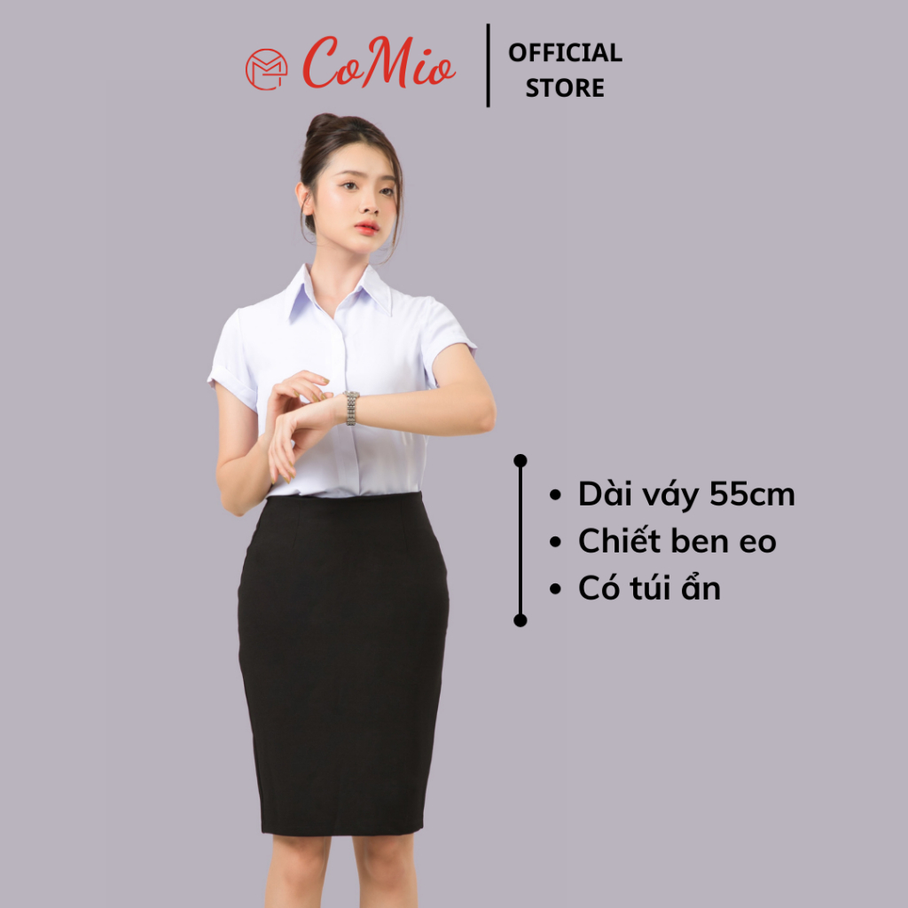 Chân váy bút chì dài ngang gối 55cm màu đen CoMio cạp cao có túi, xẻ sau, chất umi cao cấp co giãn siêu nâng mông