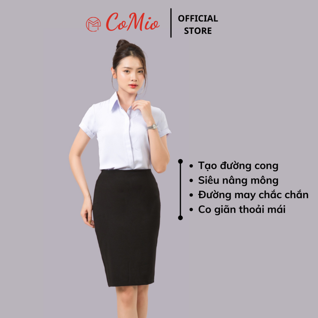 Chân váy bút chì dài ngang gối 55cm màu đen CoMio cạp cao có túi, xẻ sau, chất umi cao cấp co giãn siêu nâng mông
