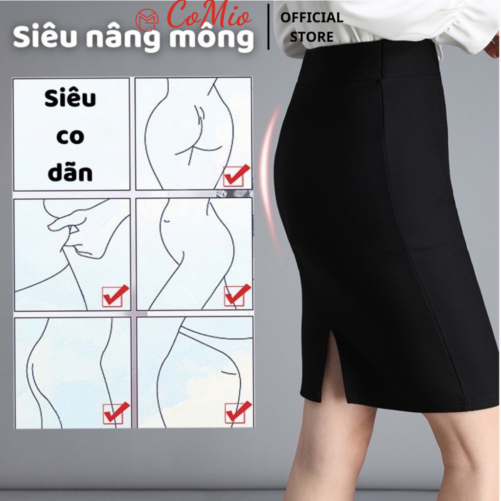 Chân váy bút chì dài ngang gối 55cm màu đen CoMio cạp cao có túi, xẻ sau, chất umi cao cấp co giãn siêu nâng mông