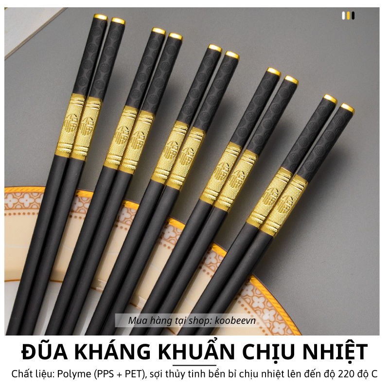 Bộ 5 đôi đũa hợp kim mạ vàng sợi thủy tinh chống mốc, chống trơn, chịu nhiệt dài 25.3cm sang trọng (BA50)