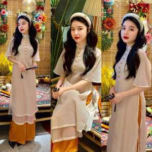 SET ÁO DÀI NUDE QUẦN SUÔNG Áo dài cách tân tết