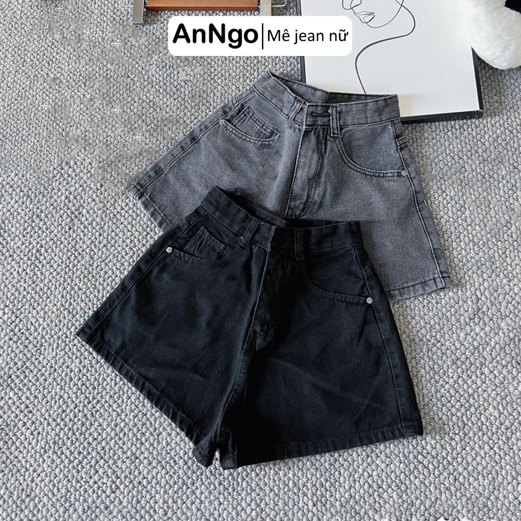 Quần short jean nữ lưng cao ống rộng, quần đùi bò không co giãn Anngo - AT344