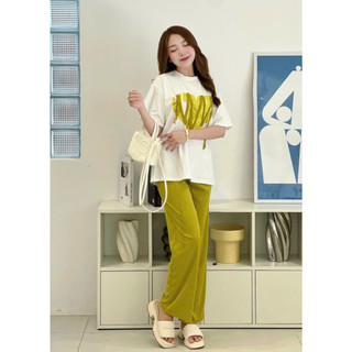 Set Bộ Đồ Nữ Áo Phông Trái Tim Xanh Nõn Chuối Dây Nổi Mix Quần Tăm Suông Ống Rộng Freesize