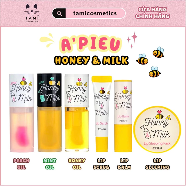 Bộ Dưỡng Môi Mật Ong Apieu Honey & Milk Lip Balm / Lip Scrub / Lip Oil / Lip Sleeping Pack