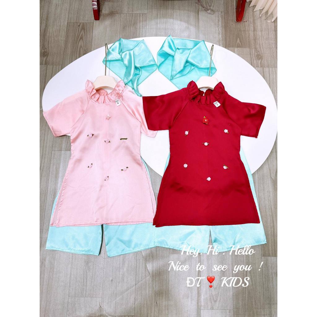 Áo dài hoa nhíi kèm khăn trùm cho bé gái từ 8-28kg