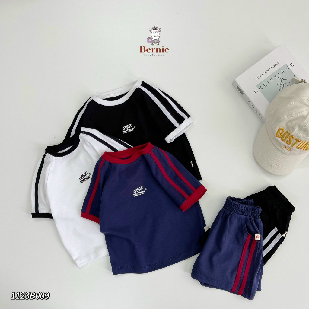 Bộ cotton tay ngắn thể thao bé trai, bộ thun cộc tay phối sọc cá tính cho bé Bernie