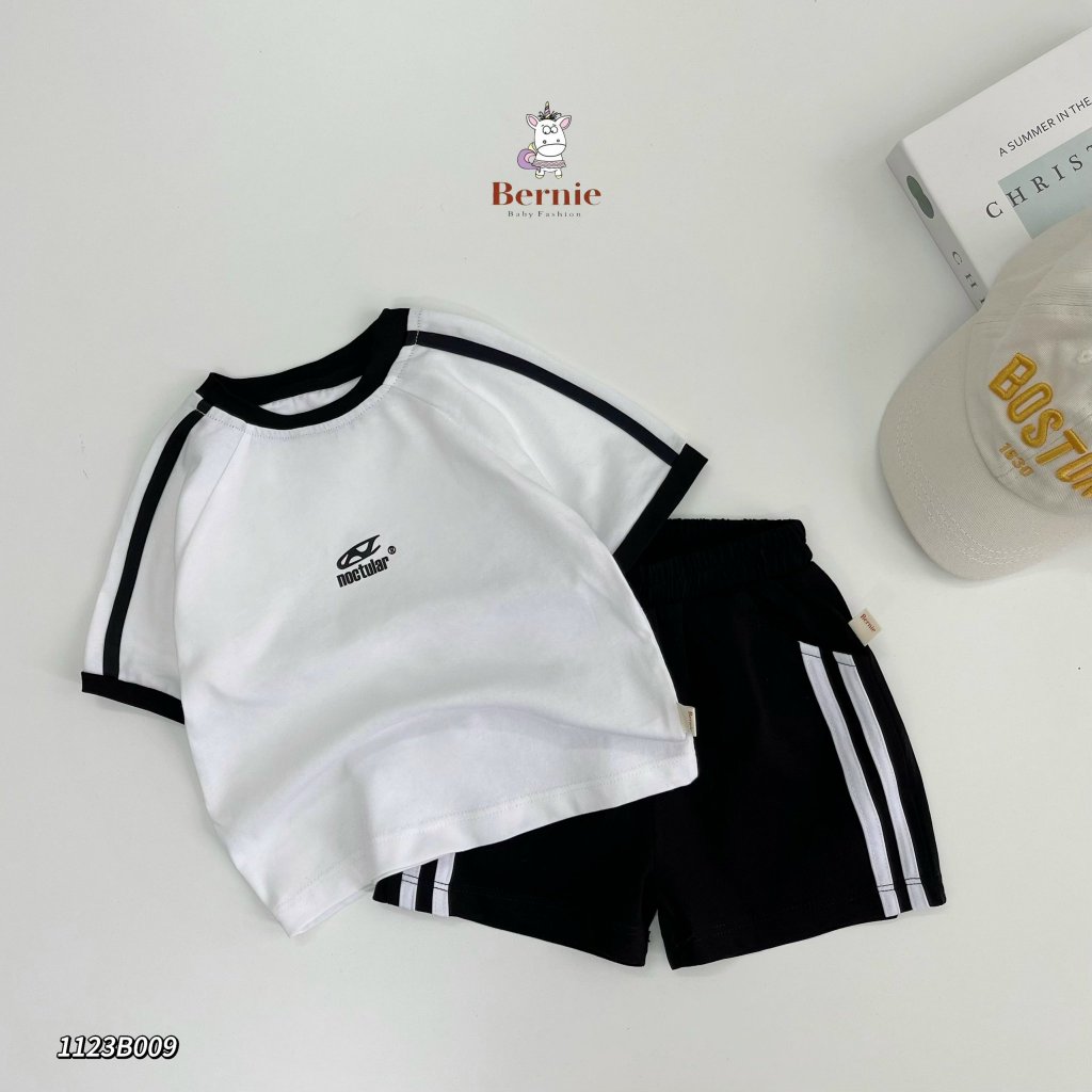 Bộ cotton tay ngắn thể thao bé trai, bộ thun cộc tay phối sọc cá tính cho bé Bernie