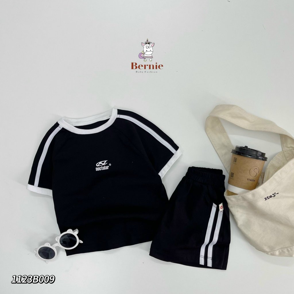 Bộ cotton tay ngắn thể thao bé trai, bộ thun cộc tay phối sọc cá tính cho bé Bernie