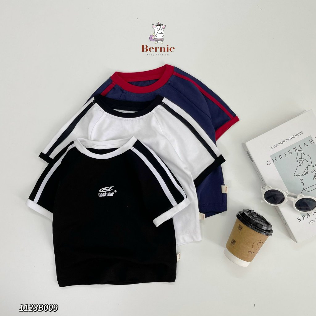 Bộ cotton tay ngắn thể thao bé trai, bộ thun cộc tay phối sọc cá tính cho bé Bernie
