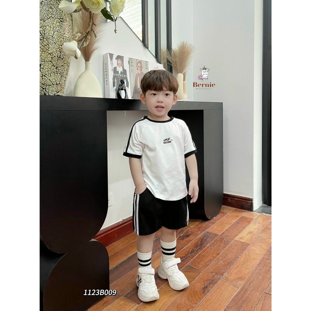 Bộ cotton tay ngắn thể thao bé trai, bộ thun cộc tay phối sọc cá tính cho bé Bernie