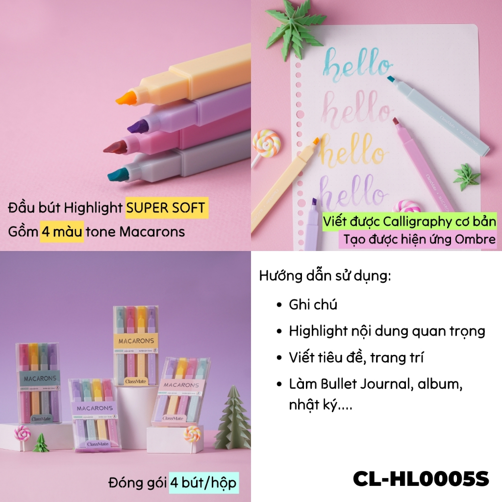 Bút Highlight Classmate Bút Nhớ Đa Năng 2 Đầu Viết Calligraphy, Đầu Bút Siêu Mềm Trang Trí Sổ Vở CL-HL0005S/6S/7S