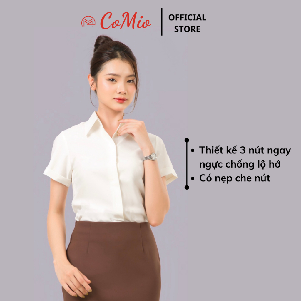 Áo sơ mi trắng kem nữ tay ngắn CoMio công sở cộc tay chất vải cotton thoáng mát thấm hút mồ hôi kiểu dáng hàn quốc