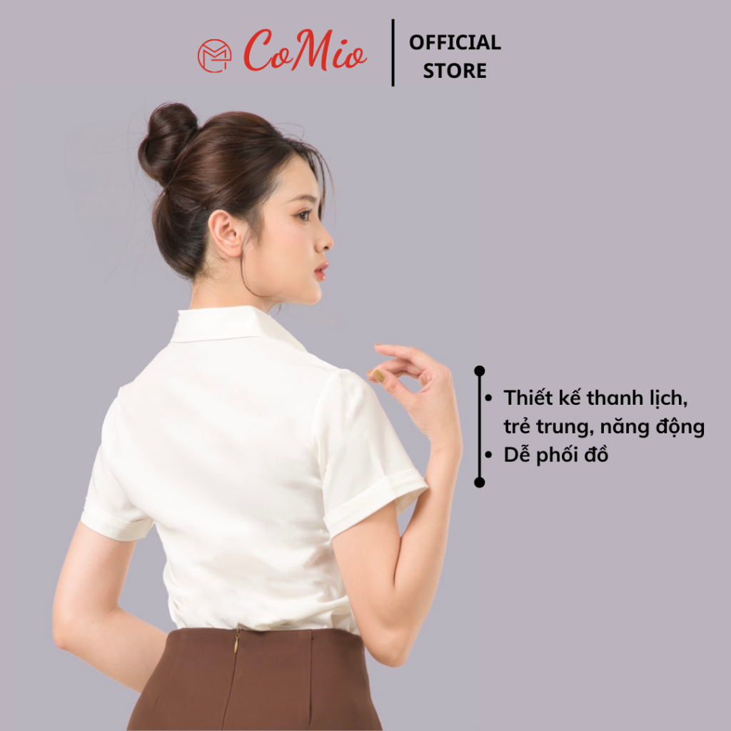 Áo sơ mi trắng kem nữ tay ngắn CoMio công sở cộc tay chất vải cotton thoáng mát thấm hút mồ hôi kiểu dáng hàn quốc