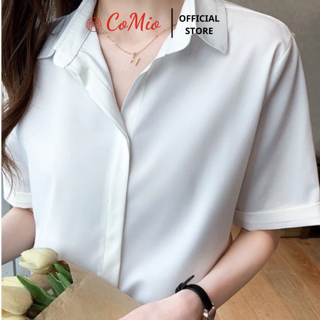 Áo sơ mi trắng kem nữ tay ngắn CoMio công sở cộc tay chất vải cotton thoáng mát thấm hút mồ hôi kiểu dáng hàn quốc