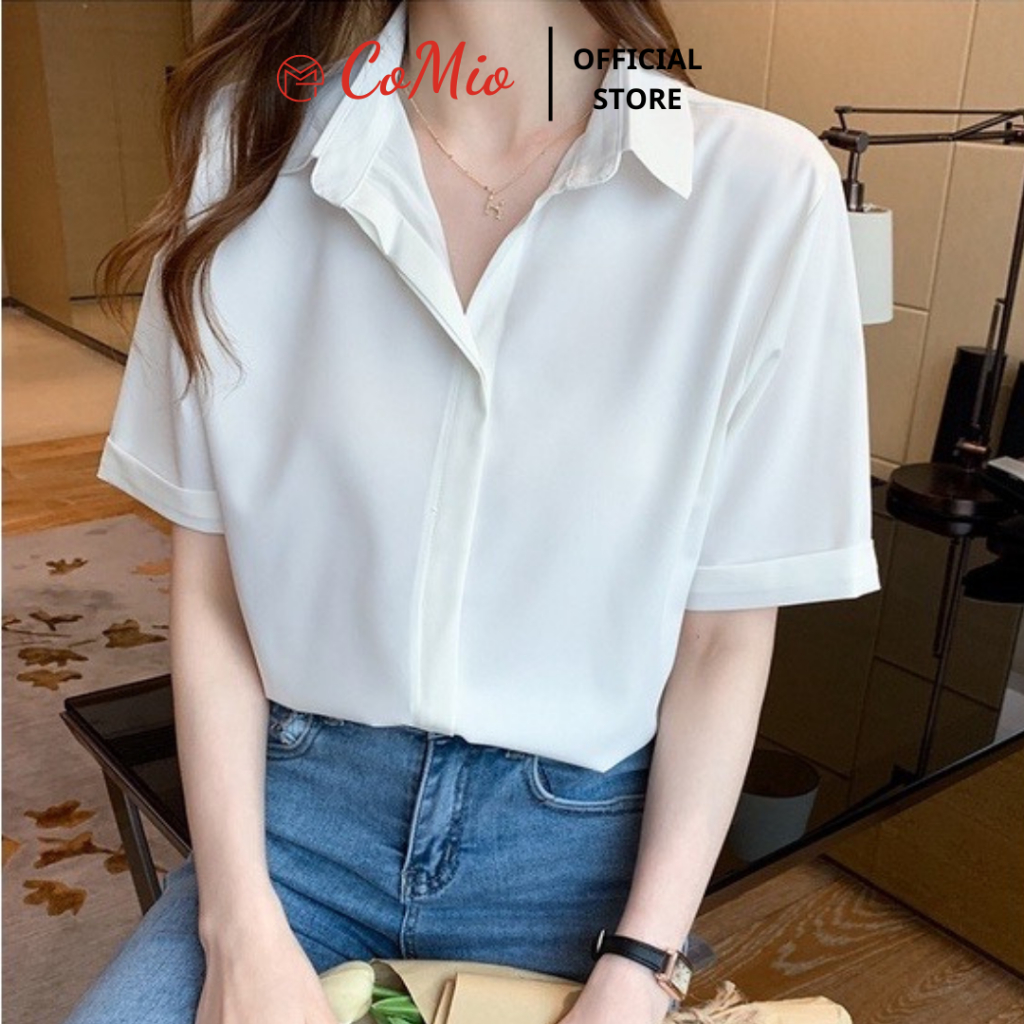 Áo sơ mi trắng kem nữ tay ngắn CoMio công sở cộc tay chất vải cotton thoáng mát thấm hút mồ hôi kiểu dáng hàn quốc
