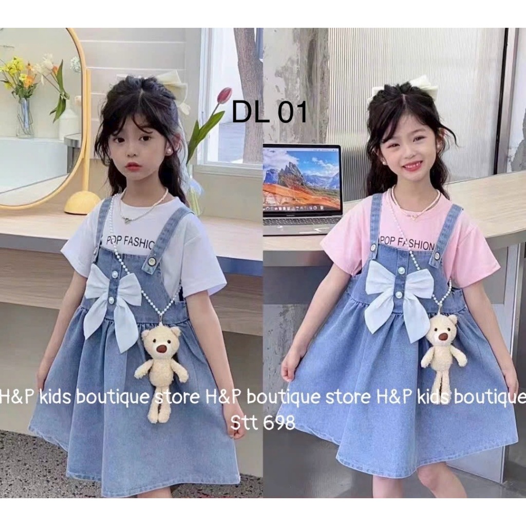 Set Yếm Jean Nơ Diệu Linh Shop Kids - Yếm Cho Bé Gái Áo Cotton Kèm Gấu Xinh Phù Hợp Để Đi Chơi Và Đi Học DL01 (9-22kg)