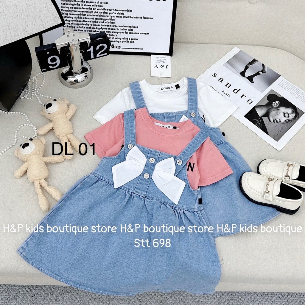 Set Yếm Jean Nơ Diệu Linh Shop Kids - Yếm Cho Bé Gái Áo Cotton Kèm Gấu Xinh Phù Hợp Để Đi Chơi Và Đi Học DL01 (9-22kg)