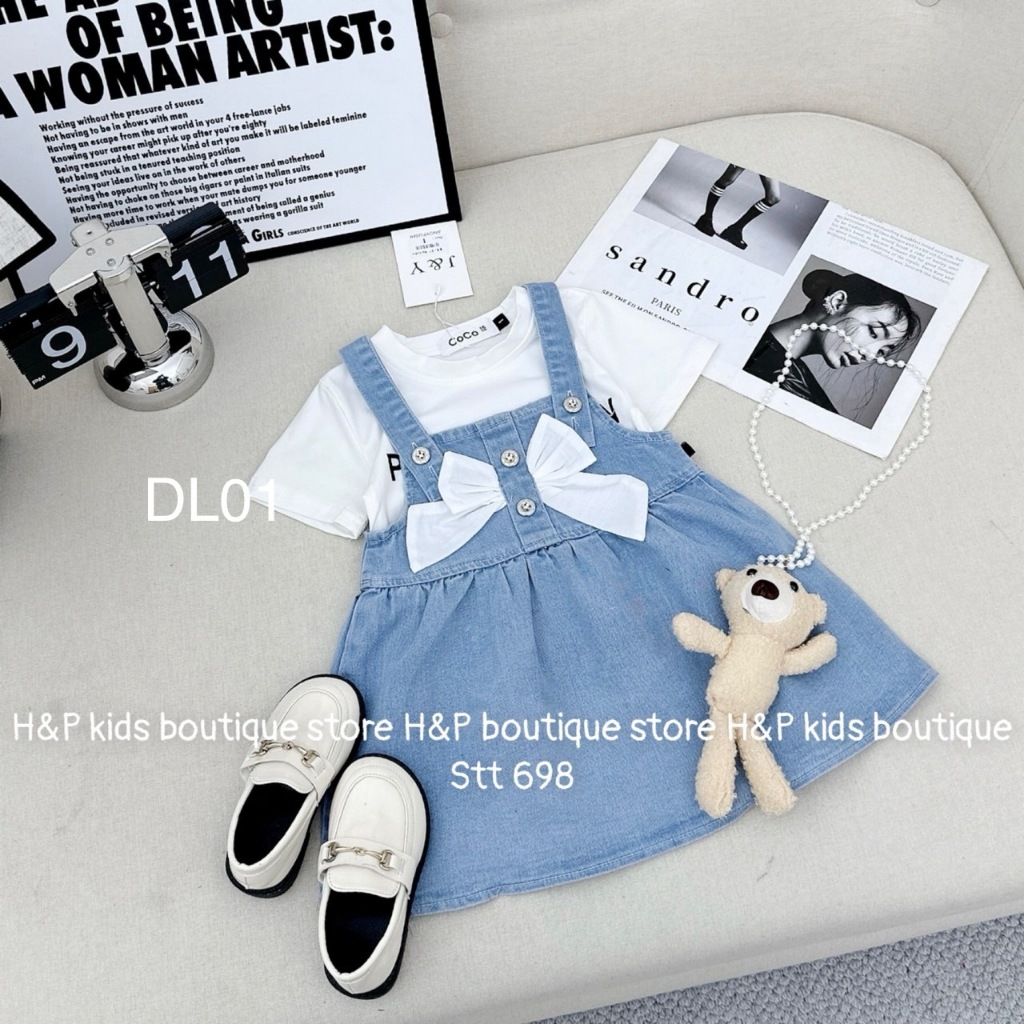 Set Yếm Jean Nơ Diệu Linh Shop Kids - Yếm Cho Bé Gái Áo Cotton Kèm Gấu Xinh Phù Hợp Để Đi Chơi Và Đi Học DL01 (9-22kg)