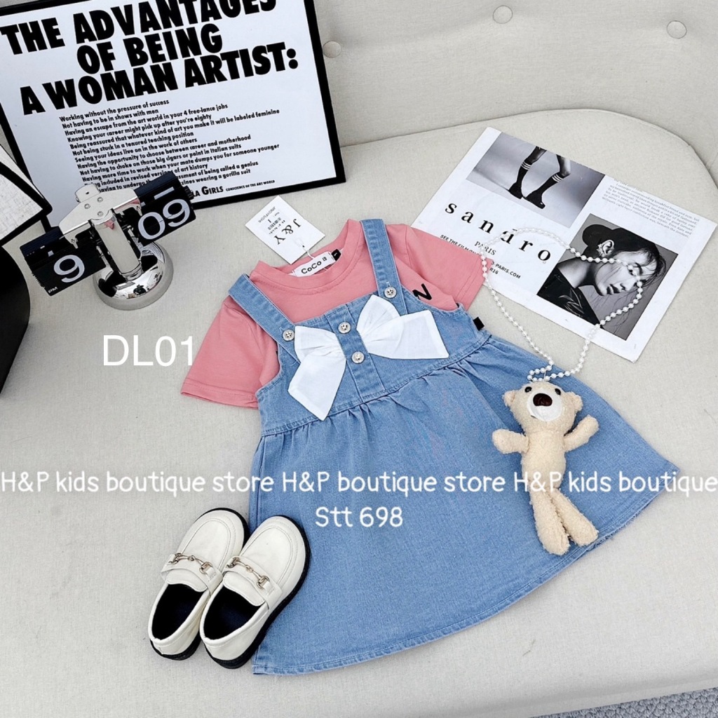 Set Yếm Jean Nơ Diệu Linh Shop Kids - Yếm Cho Bé Gái Áo Cotton Kèm Gấu Xinh Phù Hợp Để Đi Chơi Và Đi Học DL01 (9-22kg)