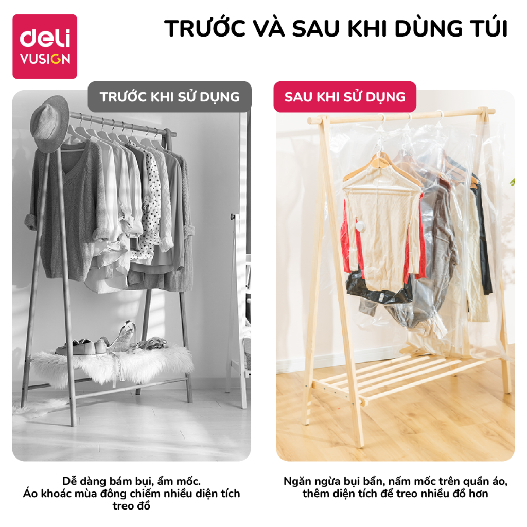 Túi Hút Chân Không quần áo Có Móc Treo Deli Chống Nhăn Đựng Quần Áo Bảo Quản Quần Áo,Áo Dạ,Áo Vét chống nấm mốc, bụi bẩn