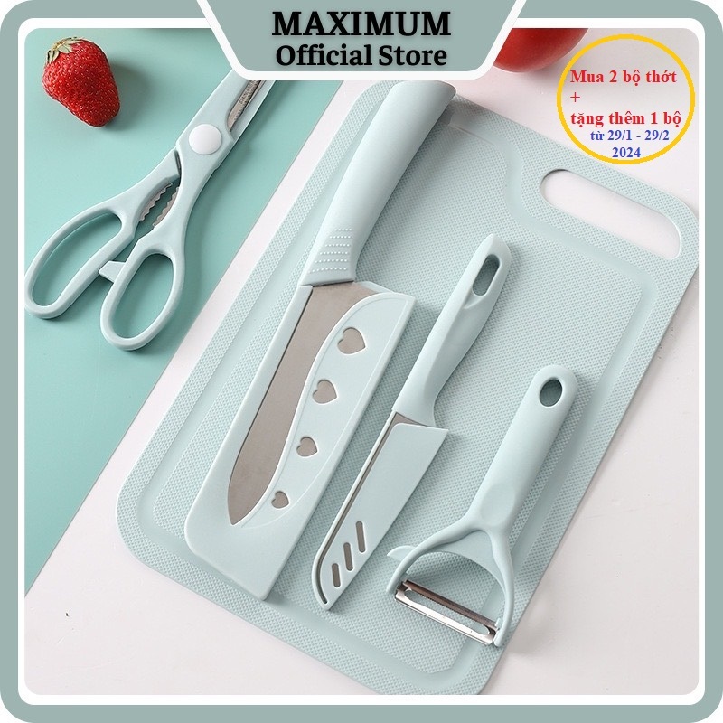Bộ dao thớt 5 món từ thép không gỉ kháng khuẩn chế biến đồ ăn dặm cho bé an toàn, tiện lợi abong ntt95