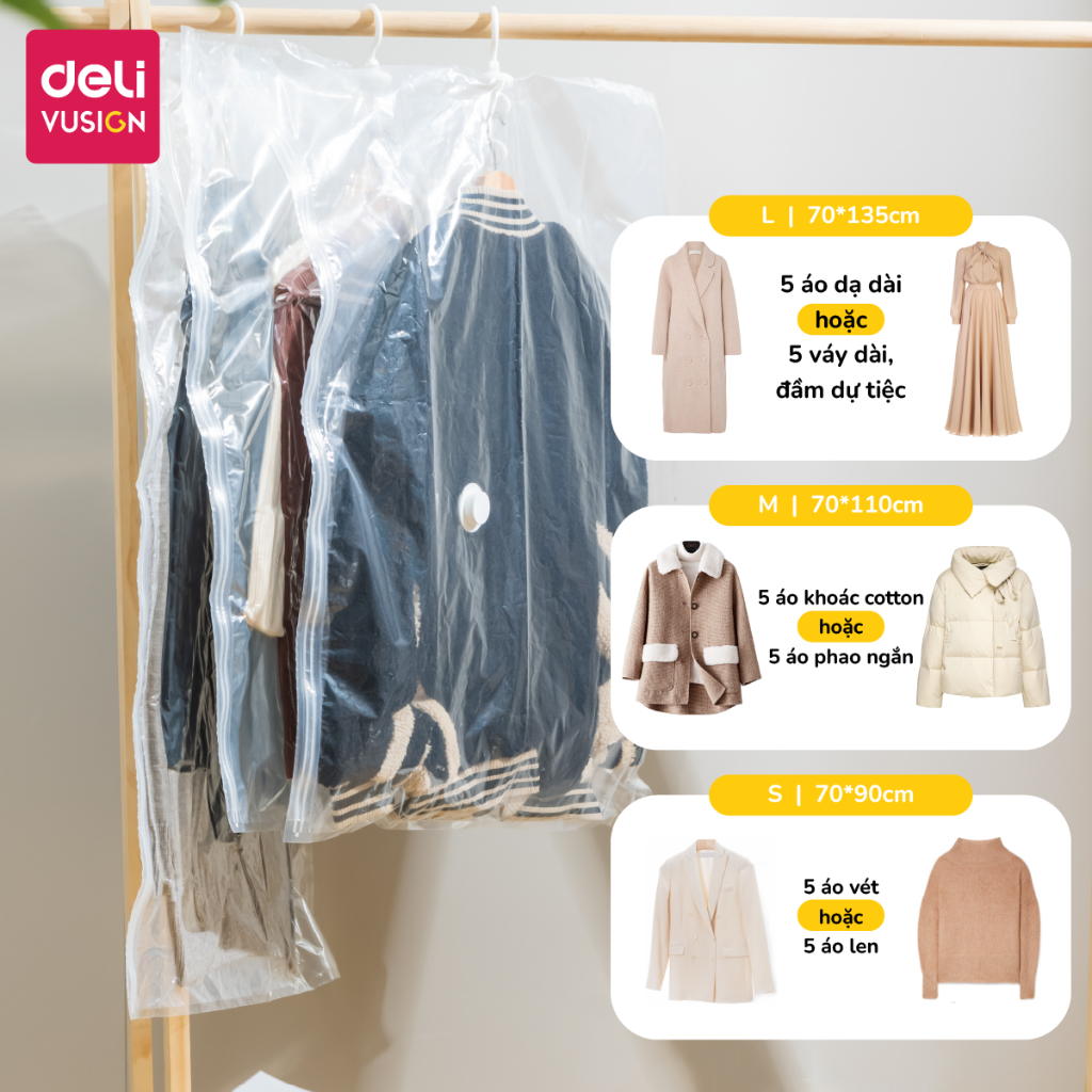 Túi Hút Chân Không quần áo Có Móc Treo Deli Chống Nhăn Đựng Quần Áo Bảo Quản Quần Áo,Áo Dạ,Áo Vét chống nấm mốc, bụi bẩn