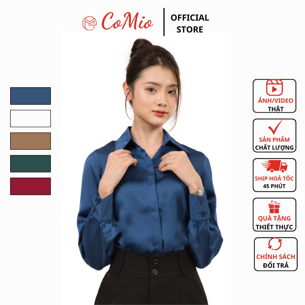 Áo sơ mi lụa màu xanh CoMio công sở form rộng chất lụa đẹp cao cấp kiểu hàn quốc thiết kế sang trọng sang chảnh