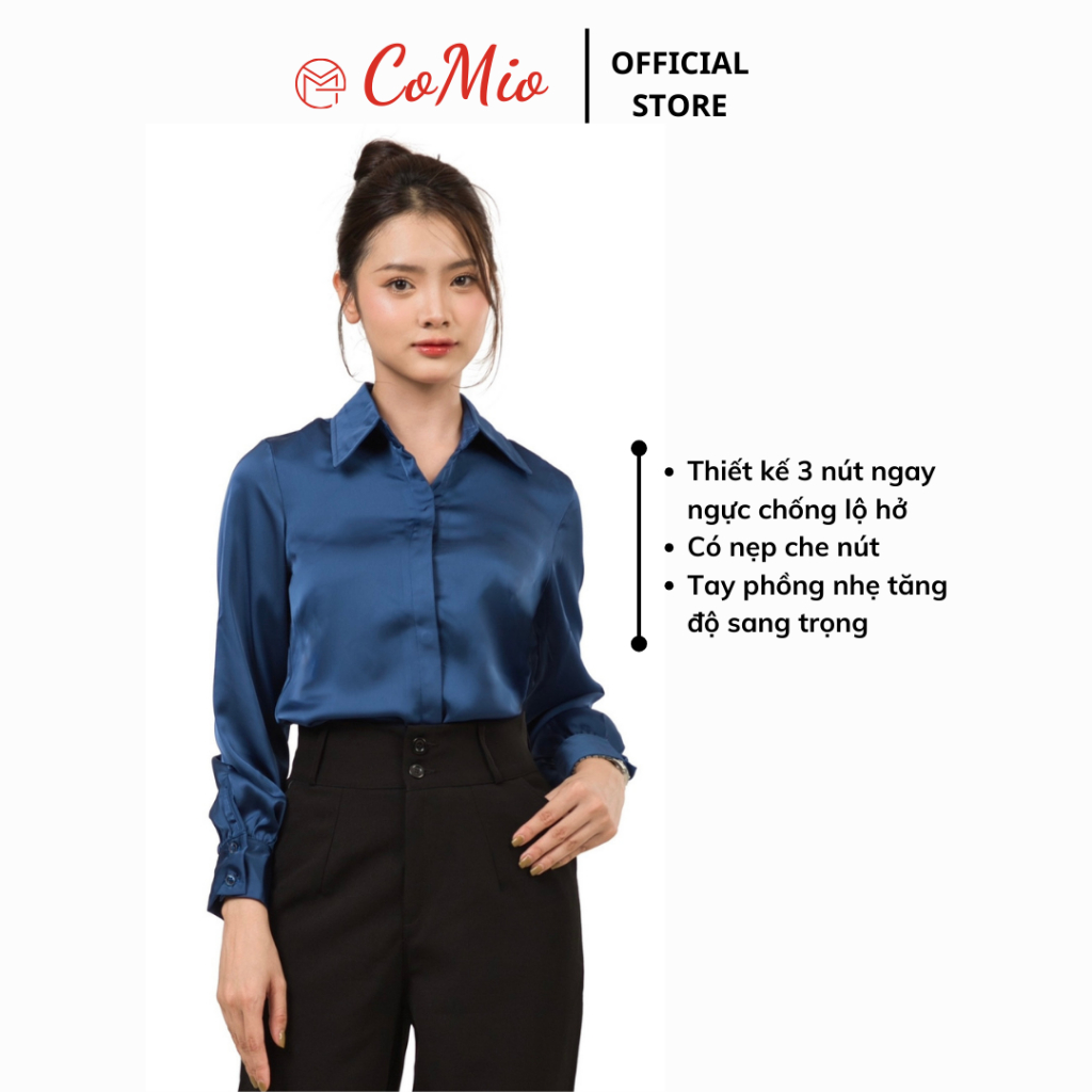Áo sơ mi lụa màu xanh CoMio công sở form rộng chất lụa đẹp cao cấp kiểu hàn quốc thiết kế sang trọng sang chảnh