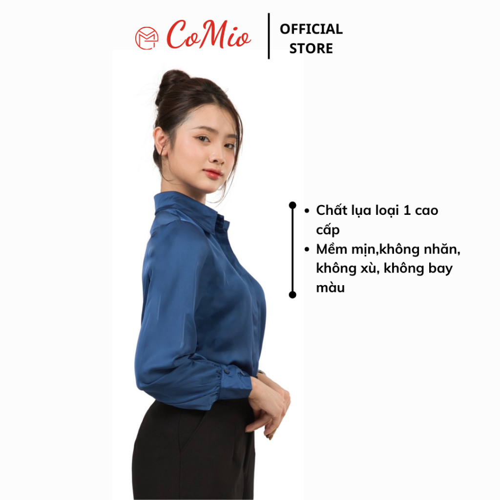 Áo sơ mi lụa màu xanh CoMio công sở form rộng chất lụa đẹp cao cấp kiểu hàn quốc thiết kế sang trọng sang chảnh