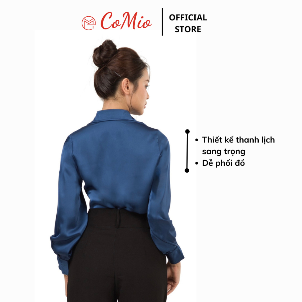 Áo sơ mi lụa màu xanh CoMio công sở form rộng chất lụa đẹp cao cấp kiểu hàn quốc thiết kế sang trọng sang chảnh