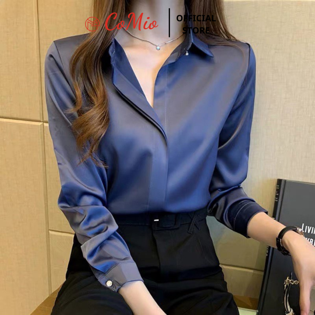 Áo sơ mi lụa màu xanh CoMio công sở form rộng chất lụa đẹp cao cấp kiểu hàn quốc thiết kế sang trọng sang chảnh
