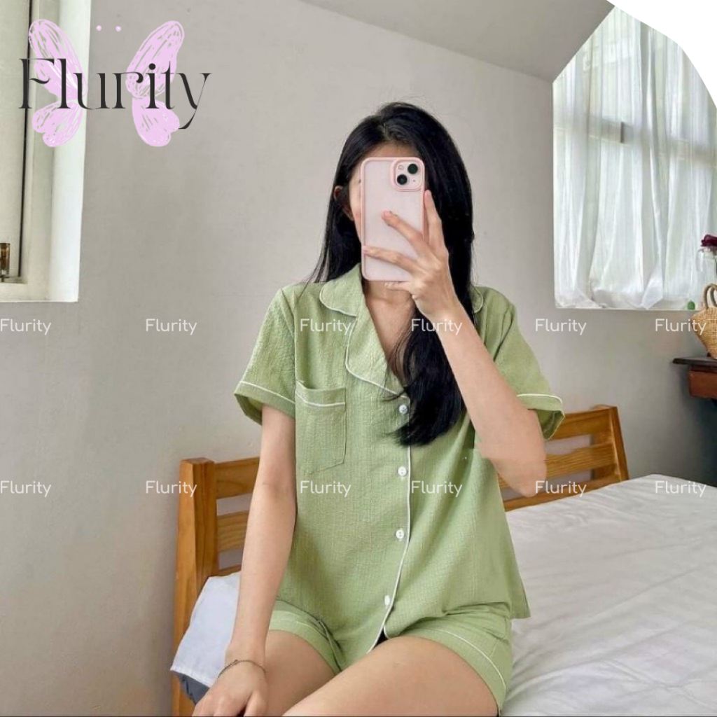 Set Bộ Đồ Quần Áo Ngủ Mặc Nhà Nữ Áo Sơ Mi Tay Ngắn Quần Cộc Xô Đũi