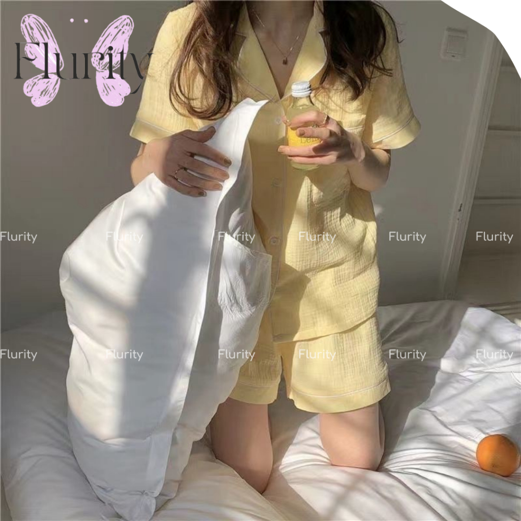 Set Bộ Đồ Quần Áo Ngủ Mặc Nhà Nữ Áo Sơ Mi Tay Ngắn Quần Cộc Xô Đũi