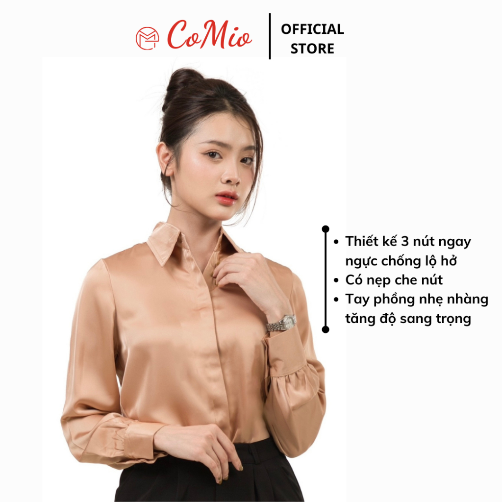 Áo sơ mi lụa nâu tây CoMio công sở form rộng kiểu hàn quốc chất lụa đẹp cao cấp màu nâu tây thiết kế sang trọng,sang chả
