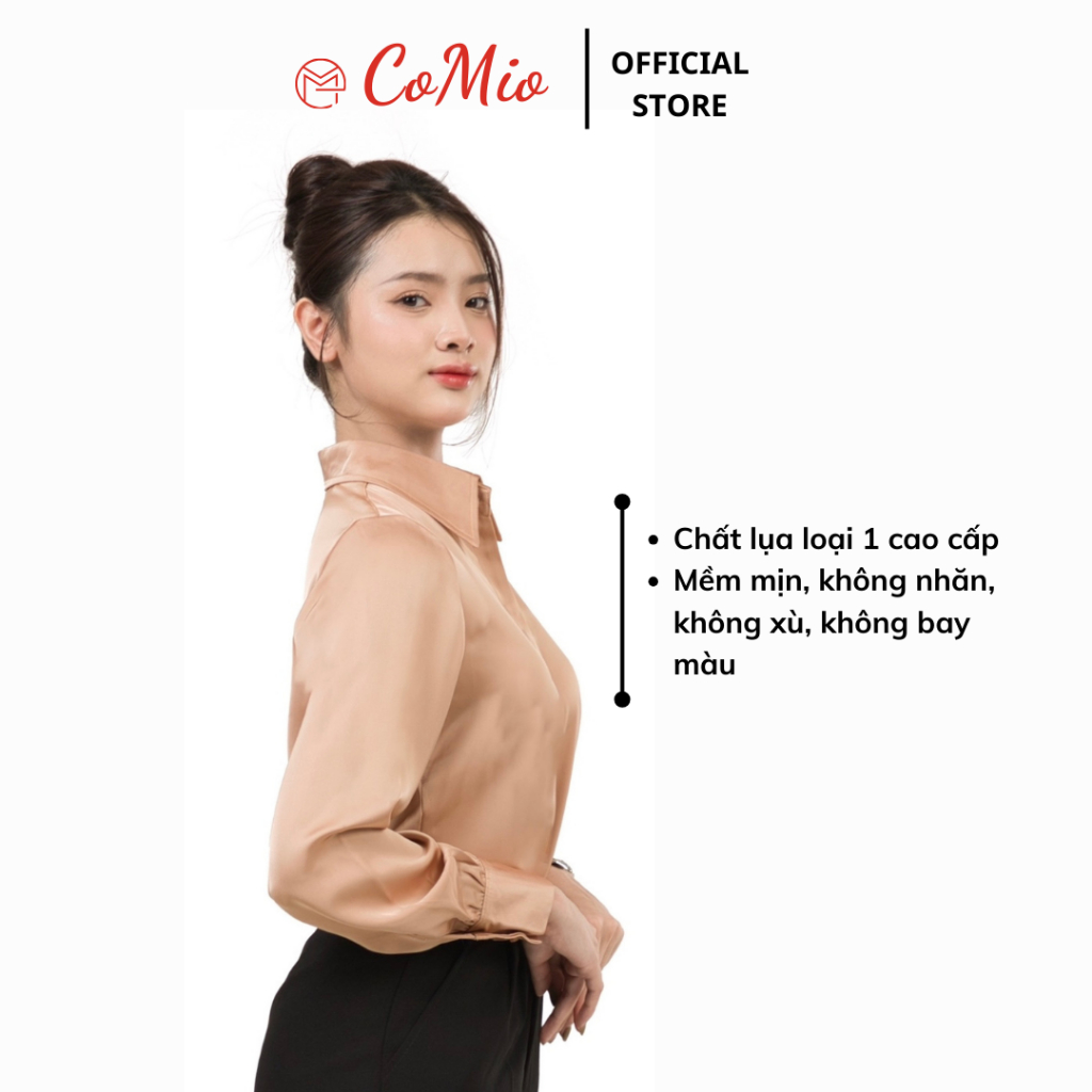 Áo sơ mi lụa nâu tây CoMio công sở form rộng kiểu hàn quốc chất lụa đẹp cao cấp màu nâu tây thiết kế sang trọng,sang chả
