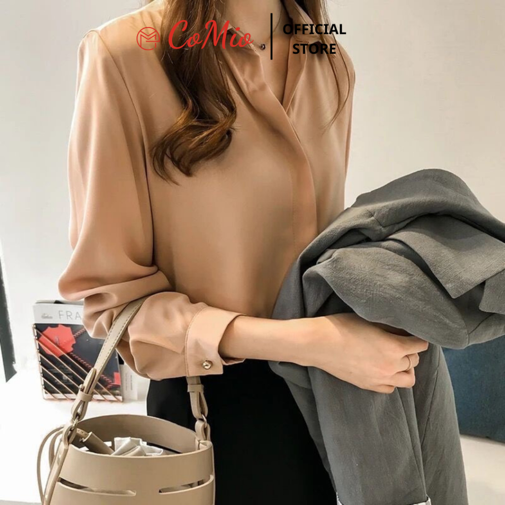 Áo sơ mi lụa nâu tây CoMio công sở form rộng kiểu hàn quốc chất lụa đẹp cao cấp màu nâu tây thiết kế sang trọng,sang chả