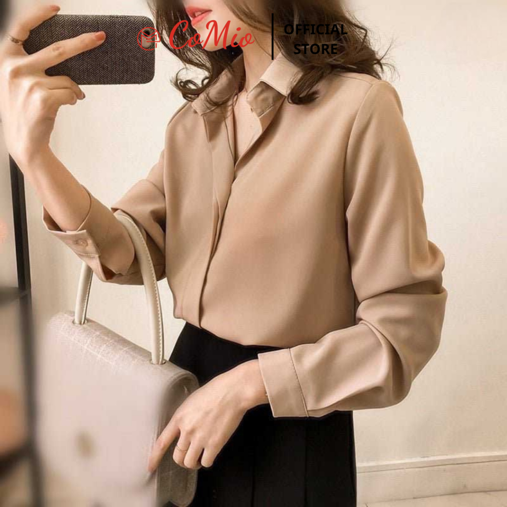 Áo sơ mi lụa nâu tây CoMio công sở form rộng kiểu hàn quốc chất lụa đẹp cao cấp màu nâu tây thiết kế sang trọng,sang chả