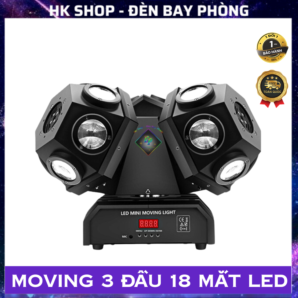 Đèn Moving 3 Đầu Độc Lập 18 Mắt Led Có Chế Độ auto cảm biến nhạc giành cho sân khấu bar pub karaoke Hàng Chính Hãng