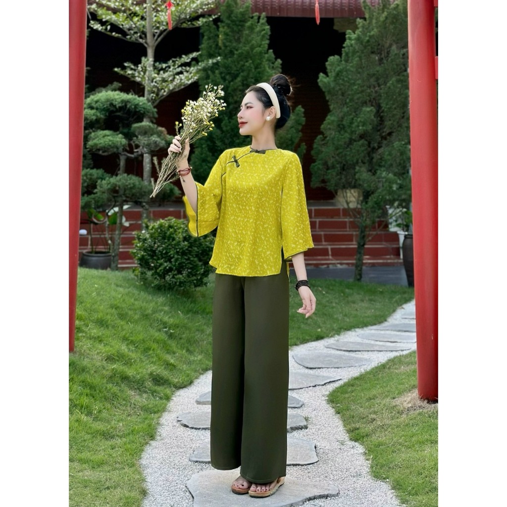 Bộ lam đi chùa nữ cổ tròn khuy tết lụa gấm vân chuồn chuồn Pháp phục đi chùa cách tân tay lỡ Đồ bộ đi lễ lụa mềm mịn