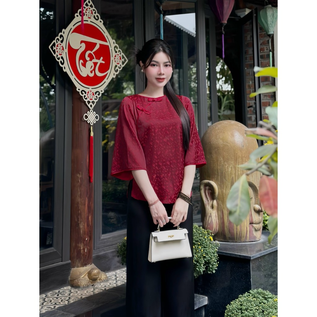 Bộ lam đi chùa nữ cổ tròn khuy tết lụa gấm vân chuồn chuồn Pháp phục đi chùa cách tân tay lỡ Đồ bộ đi lễ lụa mềm mịn