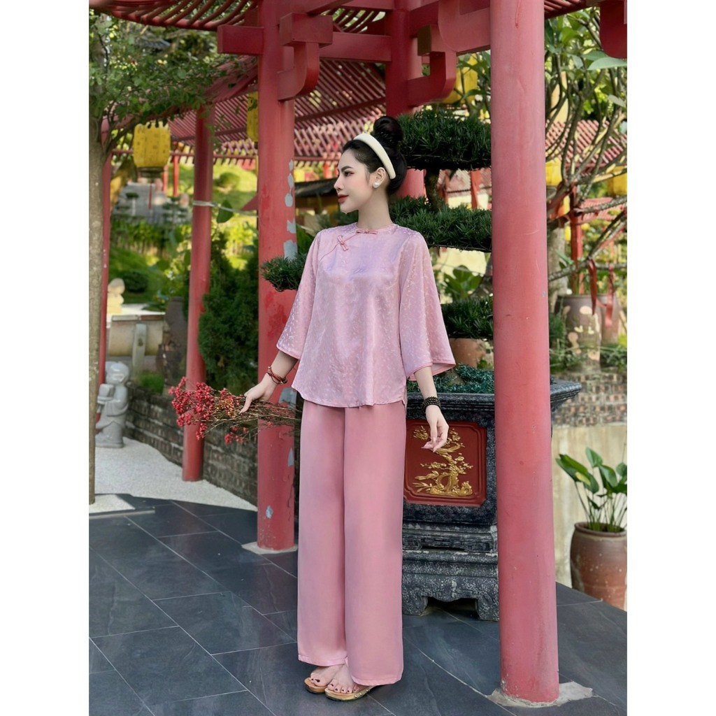 Bộ lam đi chùa nữ cổ tròn khuy tết lụa gấm vân chuồn chuồn Pháp phục đi chùa cách tân tay lỡ Đồ bộ đi lễ lụa mềm mịn