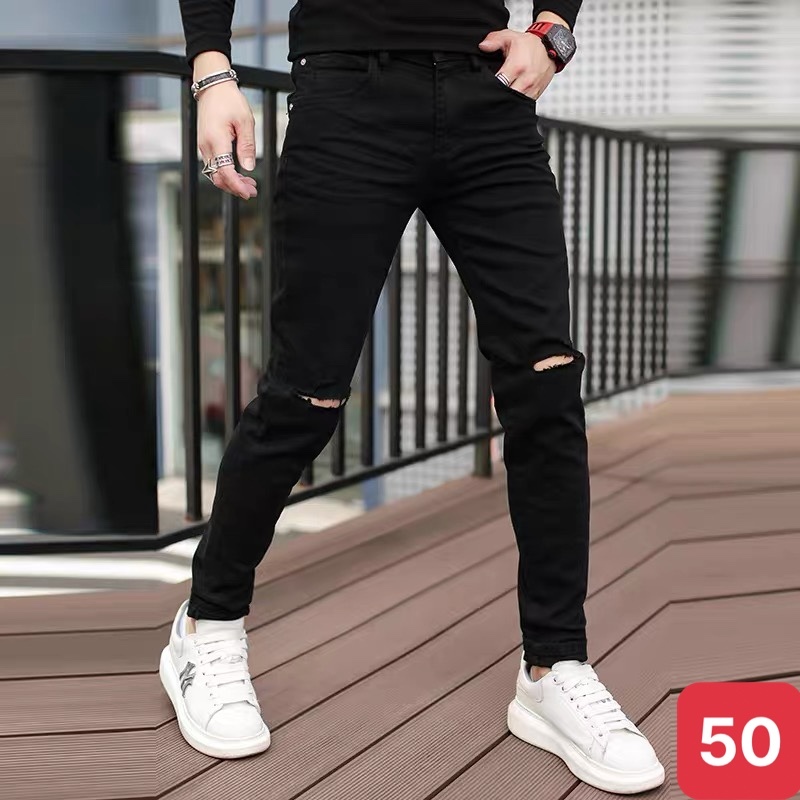 Quần jean nam boy phố rách gối to màu đen trơn chất bò cao cấp co dãn 4 ...