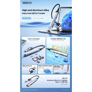 Bộ chia cổng Remax RU-U7 từ USB / Type-C sang SD + TF + USB 3.0 + 2 x USB 2.0 (Xám) - Hãng phân phối