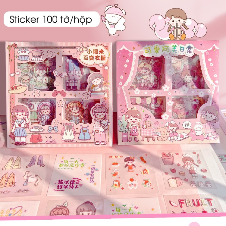 Hộp 100 tờ Sticker hình thú trang trí sổ phong cách dễ thương cute chống thấm nước