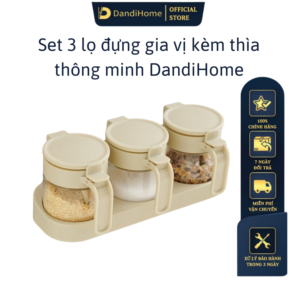 Ảnh Set 3 hũ (lọ) đựng gia vị kèm khay DandiHome 250ml thủy tinh cao cấp tặng muỗng 1