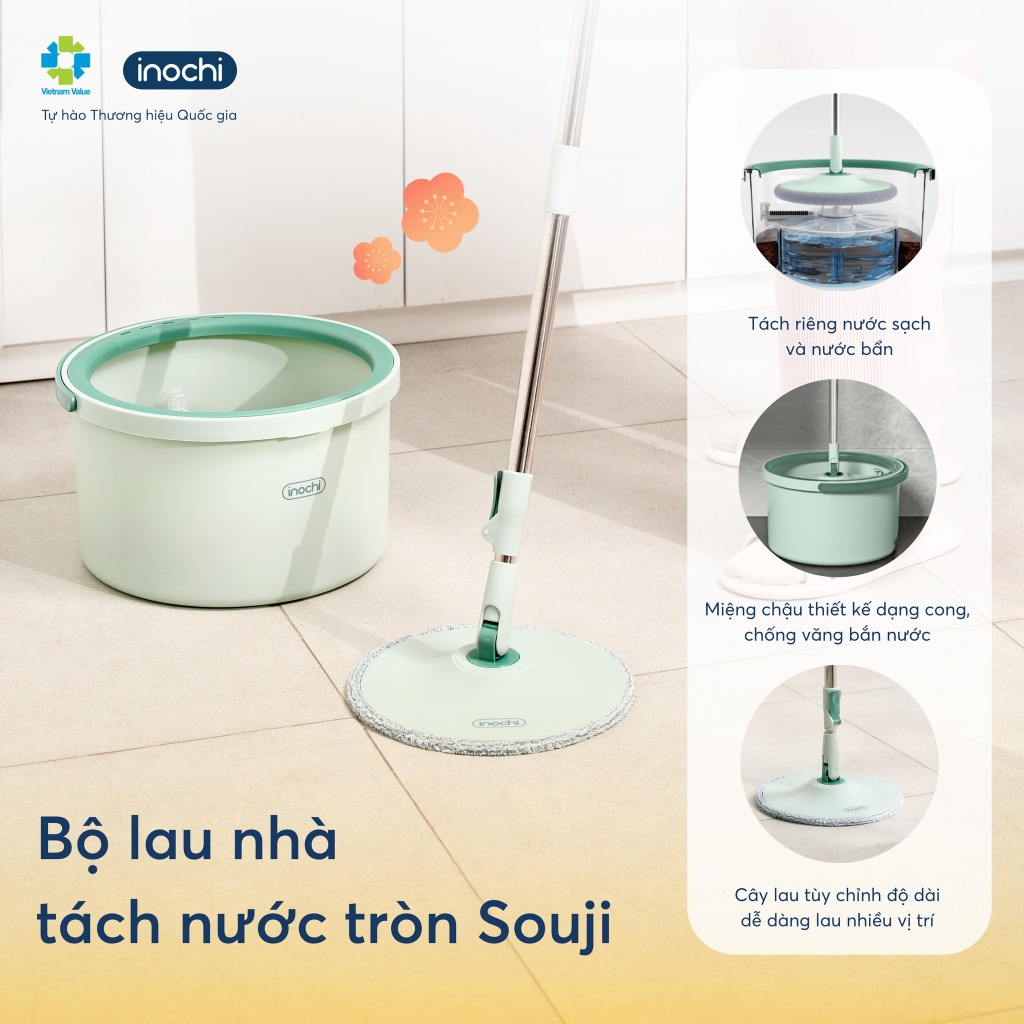 Bộ cây lau nhà tách nước Souji - Inochi - tách nước sạch, vắt khô ráo, lau sạch sẽ, tiện dụng