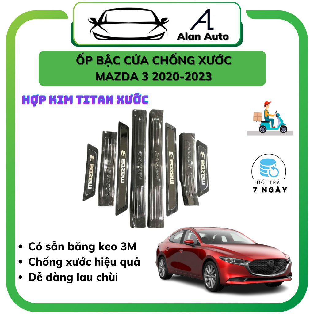 Ốp bậc cửa xe Mazda 3 2020-2023, Nẹp bước chân Chất liệu hợp kim Titan, Chống xước chống trơn