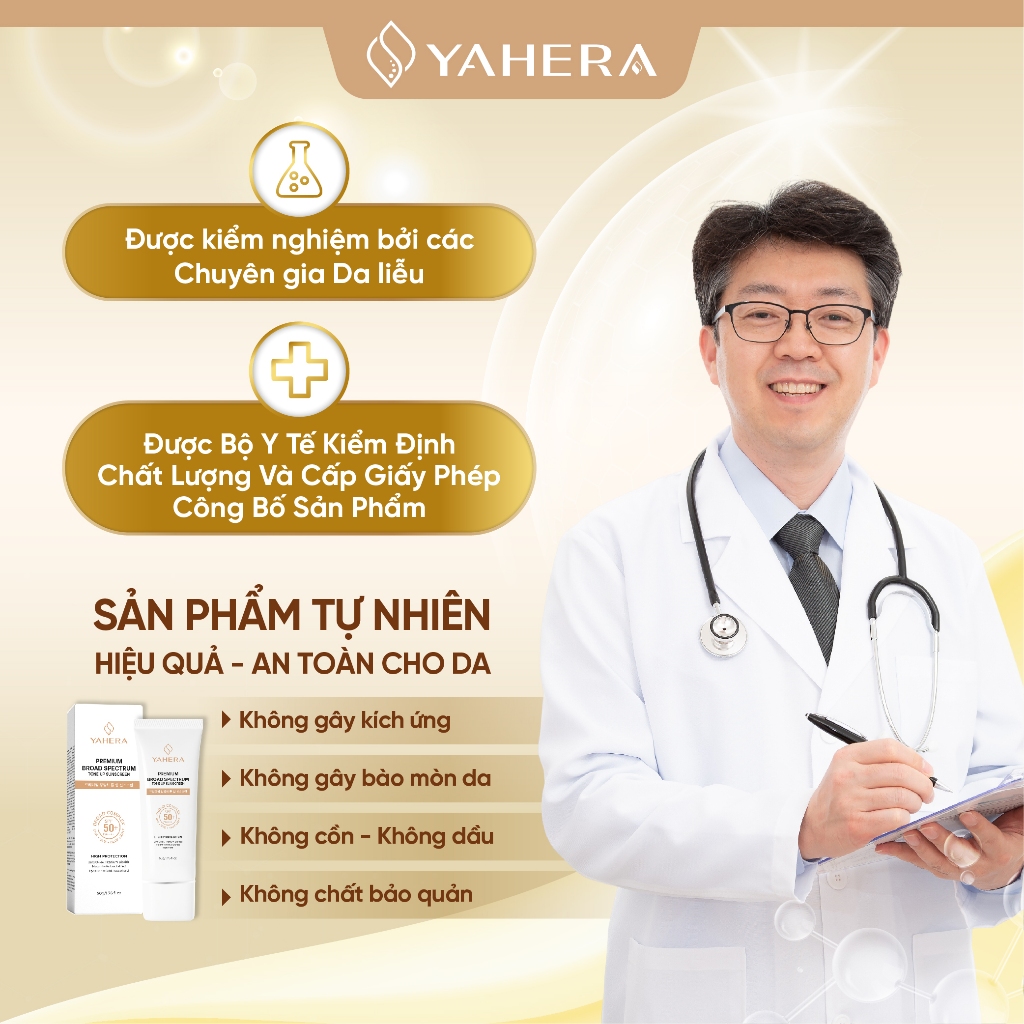 Kem chống nắng phổ rộng nâng tone 6 màng lọc chống nắng YAHERA Premium Sun Cream Broad Spectrum SPF50+ PA++++ 50g